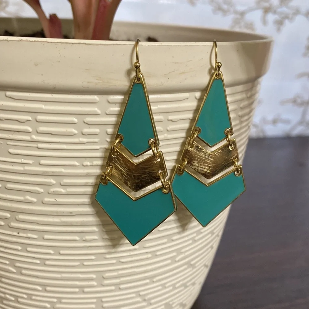 Turquoise and Gold Chevron Dangle Earrings - Picture 2 of 4